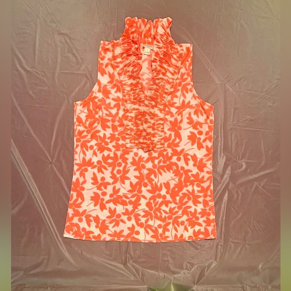 J. Crew Mandarin Collar Ruffled Sleeveless Blouse White/Neon Orange Floral 0/XS - Picture 2 of 8